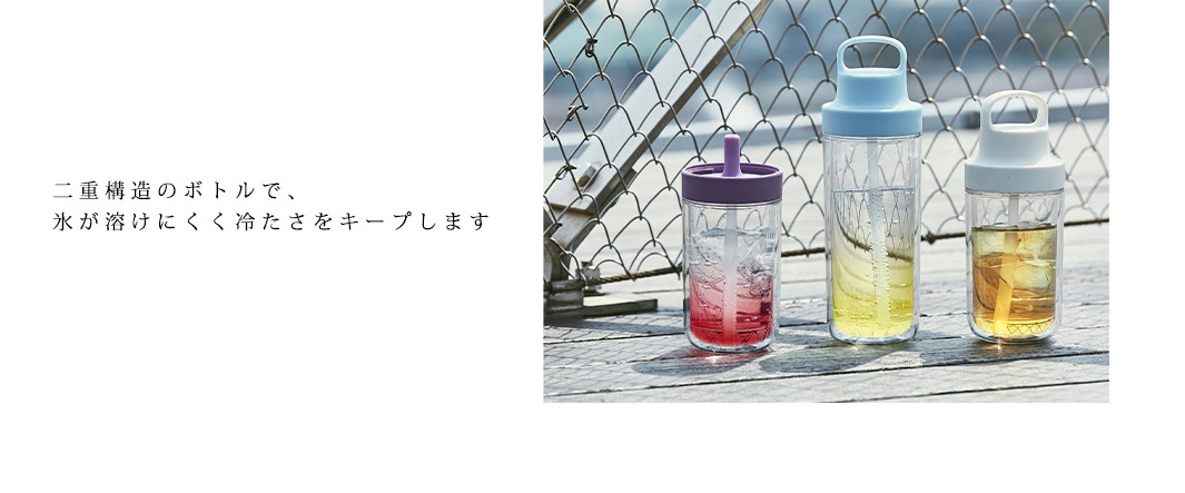 三個透明隨手瓶，分別配有紫色、藍色和白色瓶蓋，瓶身內裝有冰塊和不同顏色的飲料。