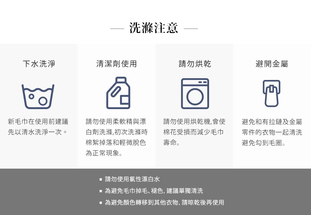 LANA針織風純棉毛巾（共3色）洗滌注意事項：圖示說明了下水洗滌、清潔劑使用、烘乾及避開金屬配件的建議。