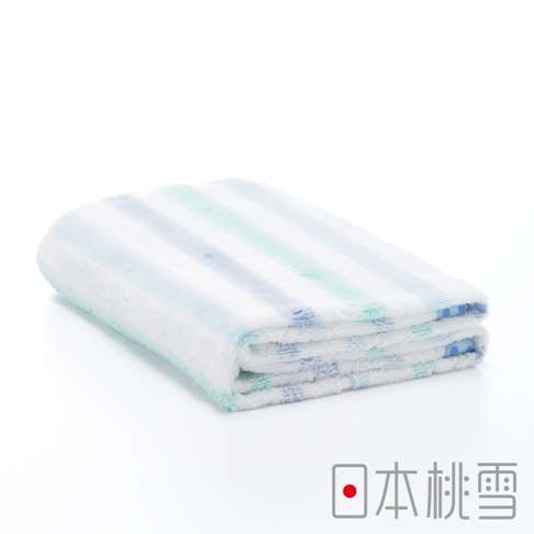 一條對折的今治浴巾，織有寬窄不一的藍色、淺藍色和綠色條紋，材質觸感鬆軟。