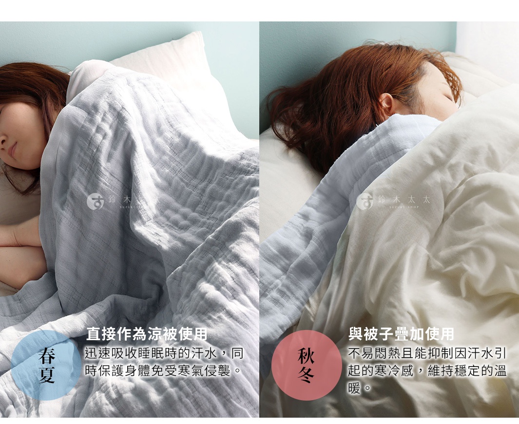 圖片包含兩位女性蓋著不同顏色（淺藍色和白色）的五層紗被入睡的畫面，並有中文說明文字。左側淺藍色被子旁標示「春夏」，說明其直接作為涼被使用，可快速吸收汗水並防寒氣。右側白色被子旁標示「秋冬」，說明其可與被子疊加使用，不易悶熱，能抑制因汗水引起的寒冷感。