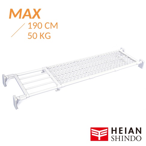 白色網狀層架，具備可調節長度的獨立腳架，最大長度可達 190 公分，最大承重 50 公斤。