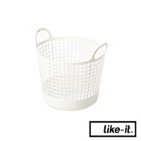 白色網格紋路圓形洗衣提籃，附有兩個提把，底部為白色實心設計，材質輕巧。