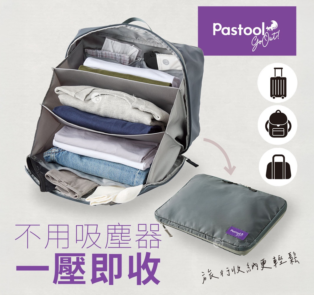 灰色折疊壓縮分類旅行袋，內部有分隔層，整齊收納多件衣物，包含牛仔褲、T恤、襯衫等，材質為尼龍。