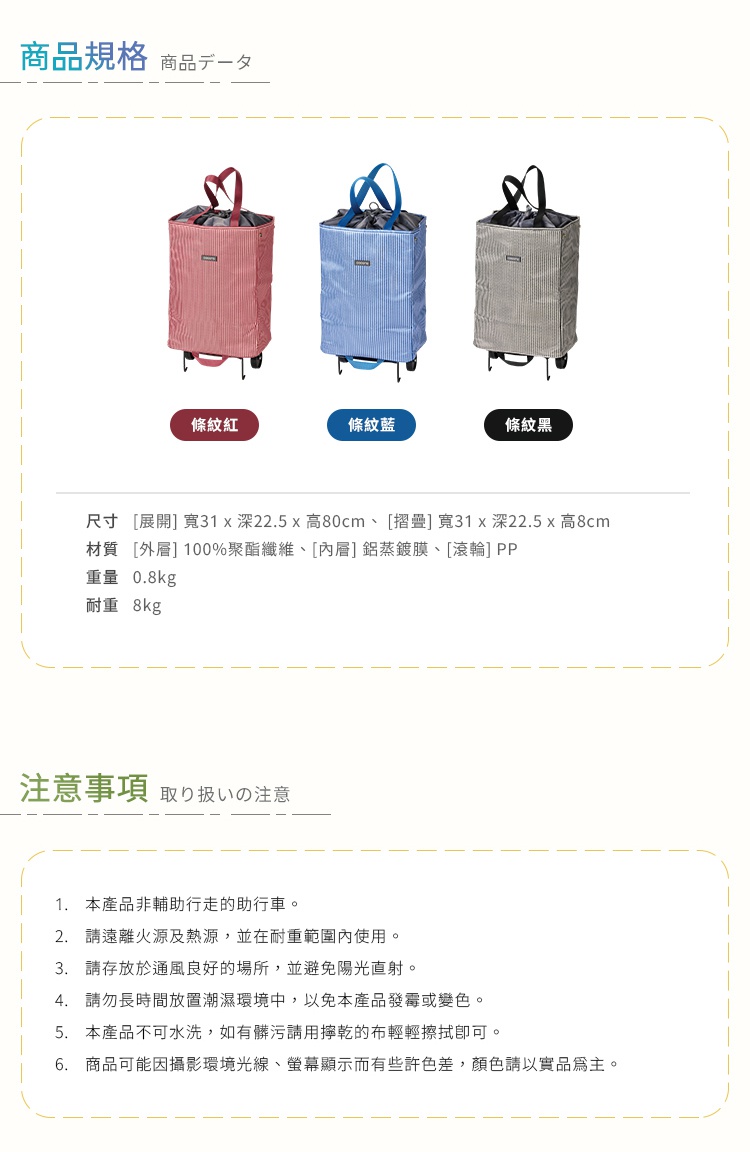 圖片文字：商品規格包含條紋紅、條紋藍、條紋黑三款折疊購物車。展開尺寸為寬31公分、深22.5公分、高80公分，摺疊後高為8公分。外層為100%聚酯纖維，內層為鋁蒸鍍膜，滾輪為PP材質，重量0.8公斤，耐重8公斤。注意事項包括本產品非輔助行走的助行車，應遠離火源及熱源，存放於通風良好且避免陽光直射處。請勿長期置於潮濕環境，不可水洗，若有髒污請用擰乾的布輕輕擦拭。商品可能因拍攝光線或螢幕顯示產生色差，