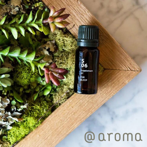 深棕色玻璃瓶裝有「S 06 Supplement air FOR SLEEP」字樣，瓶蓋為深綠色。產品置於木框內，框內鋪有綠色苔蘚和多肉植物。