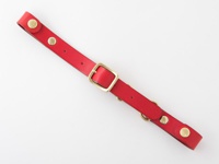 紅色皮革製的背包減壓胸前扣帶，配有金色金屬扣環、铆釘和 D 型環。