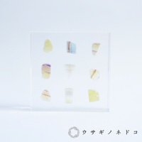 9塊方形透明壓克力板內嵌切片狀螢石標本，螢石呈現黃色、紫色、藍色及白色等漸層色澤。