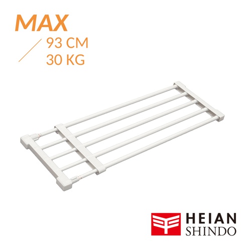 白色伸縮式層架，由金屬製成，可伸縮至最大 93 公分，承重可達 30 公斤。