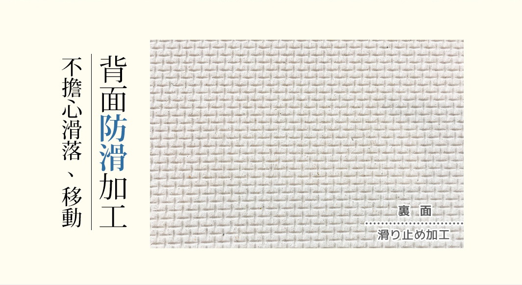 珪藻土置物墊的背面，白色，表面有規則的格紋凹凸紋理，印有「背面防滑加工」和「滑り止め加工」字樣，用於防止滑動。