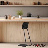 STAN CHAIR 人體工學站立椅，黑色，採用金屬框架與塑膠椅面，椅背向上延伸，線條簡潔，適合吧台或高桌面使用。