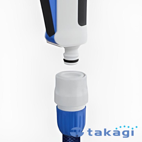 轉接頭L，主要為白色，頂部有藍色和黑色飾條。底部為帶有黑色O型環的白色接口，準備連接下方藍色和白色組合的接頭。