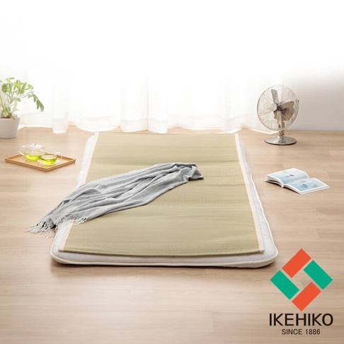 淺褐色藺草涼蓆，鋪設於木質地板上，蓆面上有灰色毛巾，一旁有綠植、茶杯、風扇和打開的書本。