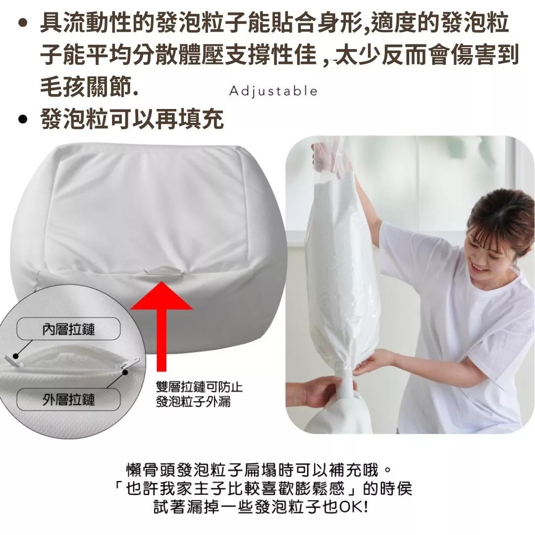 圖片文字：具流動性的發泡粒子能貼合身形，適度的發泡粒子能平均分散體壓支撐性佳，太少反而會傷害到毛孩關節。發泡粒子可以再填充。雙層拉鏈可防止發泡粒子外漏。懶骨頭發泡粒子扁塌時可以補充哦。也許我家主子比較喜歡膨鬆感的時候，試著漏掉一些發泡粒子也OK。