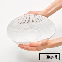 雙層白色塑膠瀝水籃，邊緣有放射狀的細長孔洞，中央為較大的圓形凹陷，由雙手捧持。