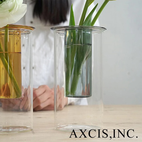 AXCIS, INC. 品牌下的 PINO 雙層可拆玻璃花瓶-高款，展示了兩個裝有綠色植物和黃色液體的細長透明玻璃花瓶，放在木桌上。