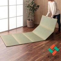 YUME 藺草組合式五折疊榻榻米睡墊，淺綠色，藺草編織材質，鋪設在木質地板上，部分折疊展開，一旁有盆栽植物和一位女士。