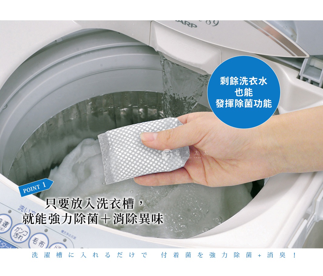 手持銀灰色帶有網格紋路的洗衣槽清潔包，背景為正在運作的洗衣槽，水中瀰漫著泡沫，此產品能利用洗衣槽內的水發揮抗菌除臭功能。