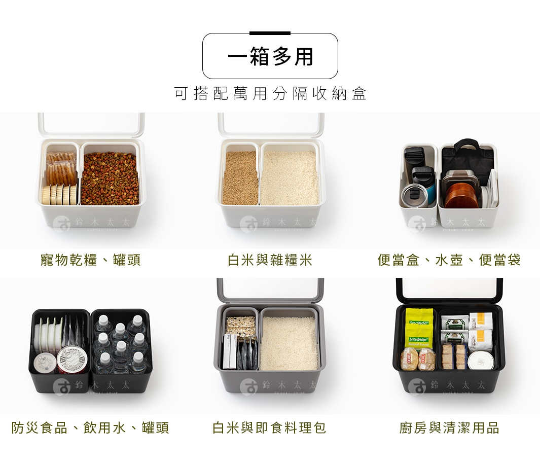 like-it 手提式居家萬用分隔收納盒，展示了多種收納應用，包括寵物乾糧與罐頭、白米與雜糧米、便當盒水壺與便當袋、防災食品飲用水與罐頭，以及白米與即食料理包、廚房與清潔用品。