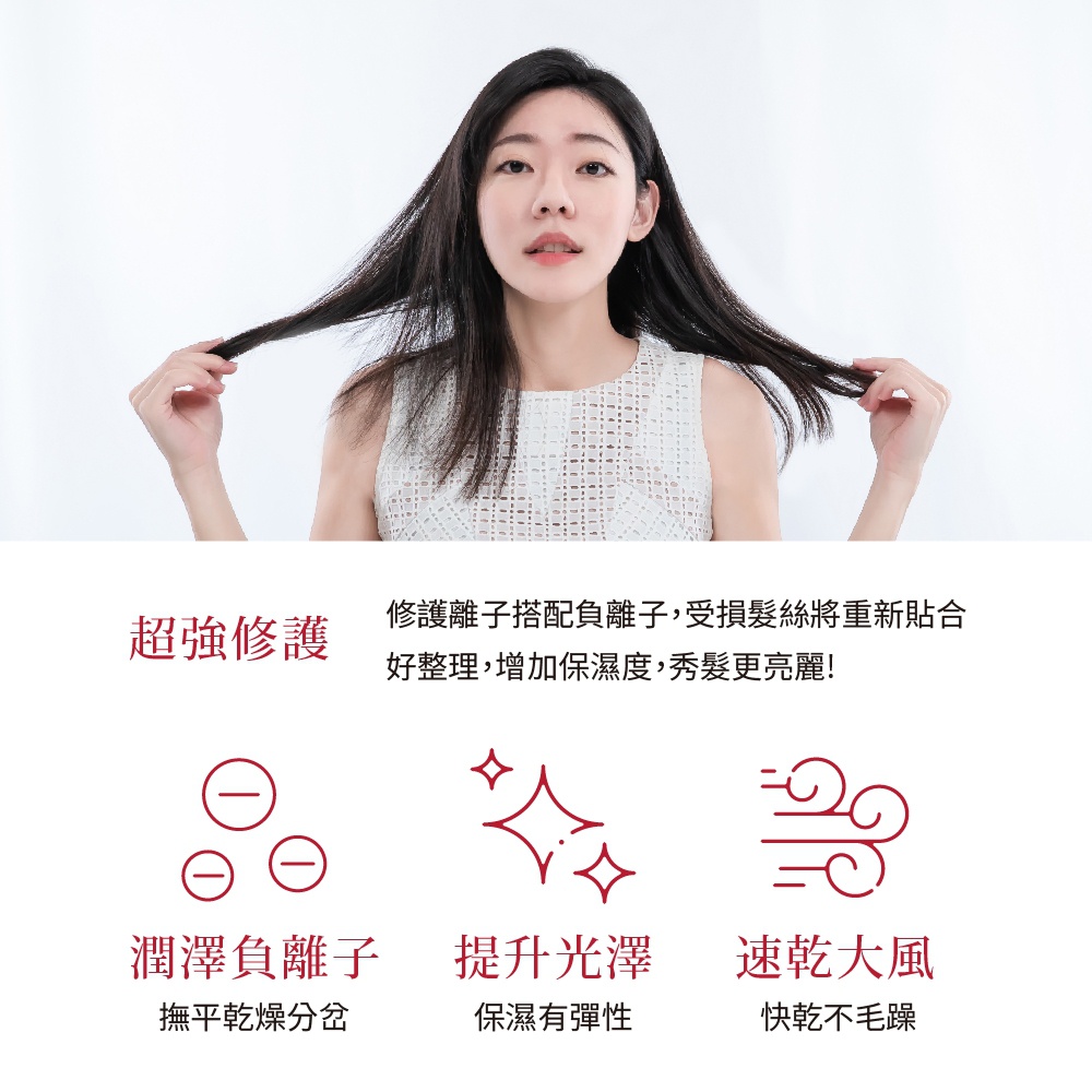圖片文字：超強修護 修護離子搭配負離子, 受損髮絲將重新貼合 好整理, 增加保濕度, 秀髮更亮麗! 潤澤負離子 撫平乾燥分岔 提升光澤 保濕有彈性 速乾大風 快乾不毛躁