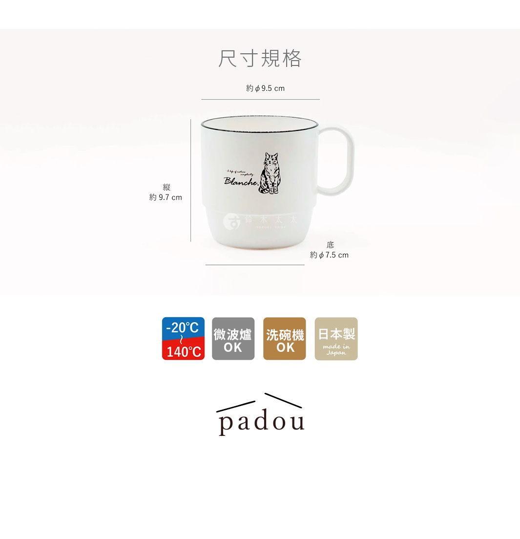 這是一款 PADOU Blanche 手繪風動物馬克杯，採用白底設計，正面繪有精緻的貓咪圖案。杯體直徑約 9.5 公分，底部直徑約 7.5 公分，高度約 9.7 公分。材質耐溫範圍為負 20 度至 140 度，適用於微波爐與洗碗機，為日本製高品質餐具，展示圖標示了詳細的尺寸規格與使用說明。