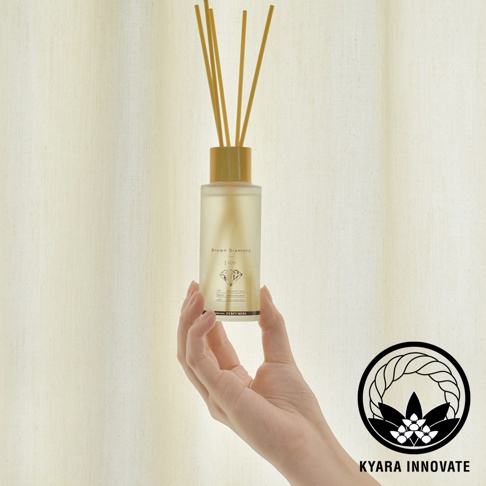 KYARA INNOVATE 的 Brown Diamond 擴香瓶，由手持，背景為米白色布簾，右下角有品牌標誌。