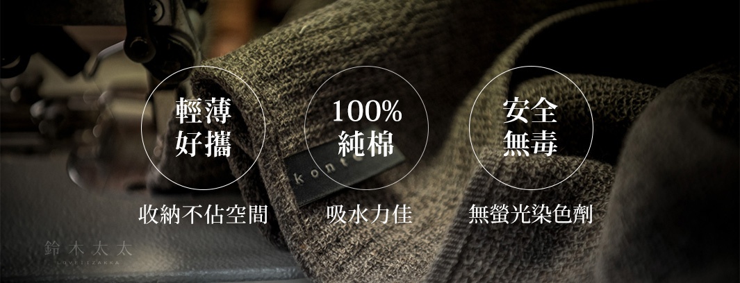 MOKU超速乾輕薄吸水小方巾，材質為100%純棉，呈現類似卡其色的紋理。圖片中展示了其輕薄、好攜帶、吸水力佳及安全無毒等特點。