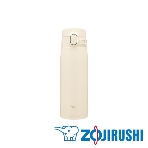 米白色不鏽鋼一體式中栓彈蓋式真空保溫保冷杯，杯身光滑，頂部有彈蓋設計，方便飲用，底部印有象印品牌標誌。