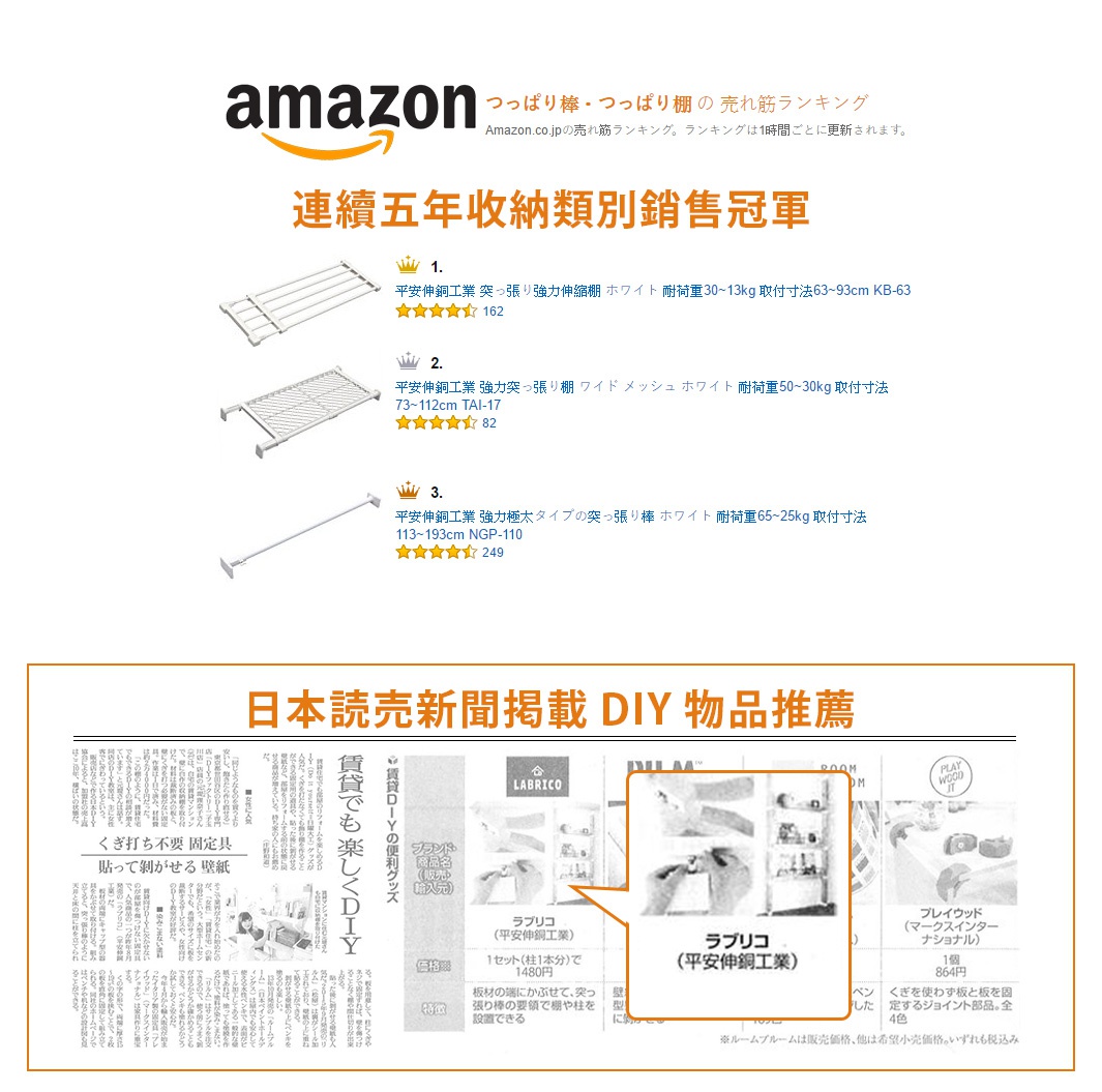 三款不同尺寸的白色伸縮桿層架，皆為金屬材質，帶有網狀或條狀的層板設計，適合收納與 DIY 應用。