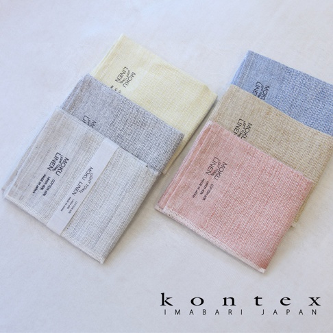 MOKU LINEN 輕薄速乾棉麻吸水拭巾，展示有淺黃、灰色、米色、粉紅色、卡其色和淺藍色共六種顏色，材質為棉與麻混紡。