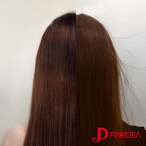 兩側對比展示：左側頭髮較為蓬鬆，右側頭髮較為服貼，呈現出使用防靜電美髮梳前後的差異。