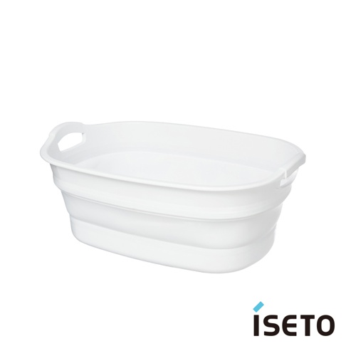 白色可伸縮浴盆，採用柔軟耐用的塑膠材質製成，兩側有方便提握的把手，底部設計可折疊收納。