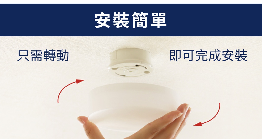 一隻手正在將一個圓形白色LED吸頂燈罩安裝到天花板上的白色燈座。