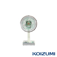 米白色復古電風扇，10吋，扇葉與中心圓盤為淺綠色，外圍為銀色金屬網罩，搭配米白色底座及控制面板。