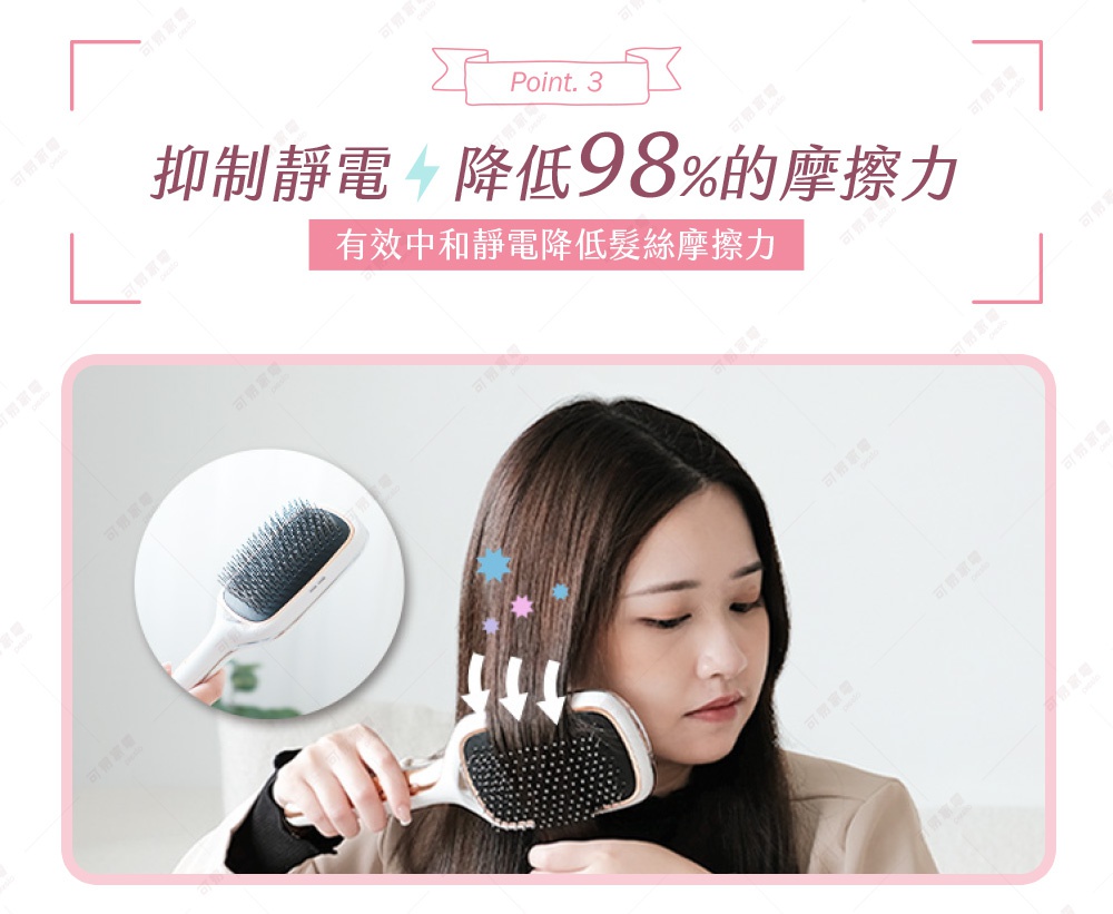 圖片文字：Point 3 抑制靜電 降低98%的摩擦力 有效中和靜電降低髮絲摩擦力