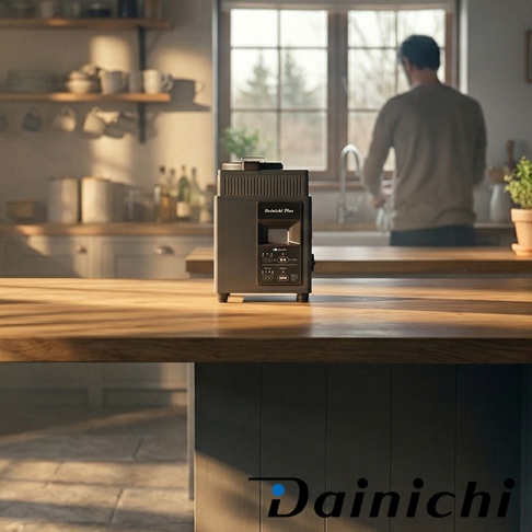 一個放在木質廚房中島檯面上的深灰色大日Dainichi生豆烘焙機，機身正面帶有數位顯示螢幕與控制按鈕，背景有一位男子正在窗邊水槽忙碌，光線溫暖柔和，整體呈現出居家生活氛圍。