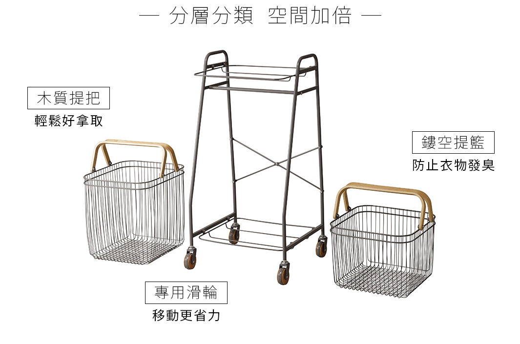 Mash移動式雙層分類洗衣置物籃，含一個深灰色金屬網狀置物架，帶有四個輪子，以及兩個帶有木質提把的深灰色金屬網狀洗衣籃。
