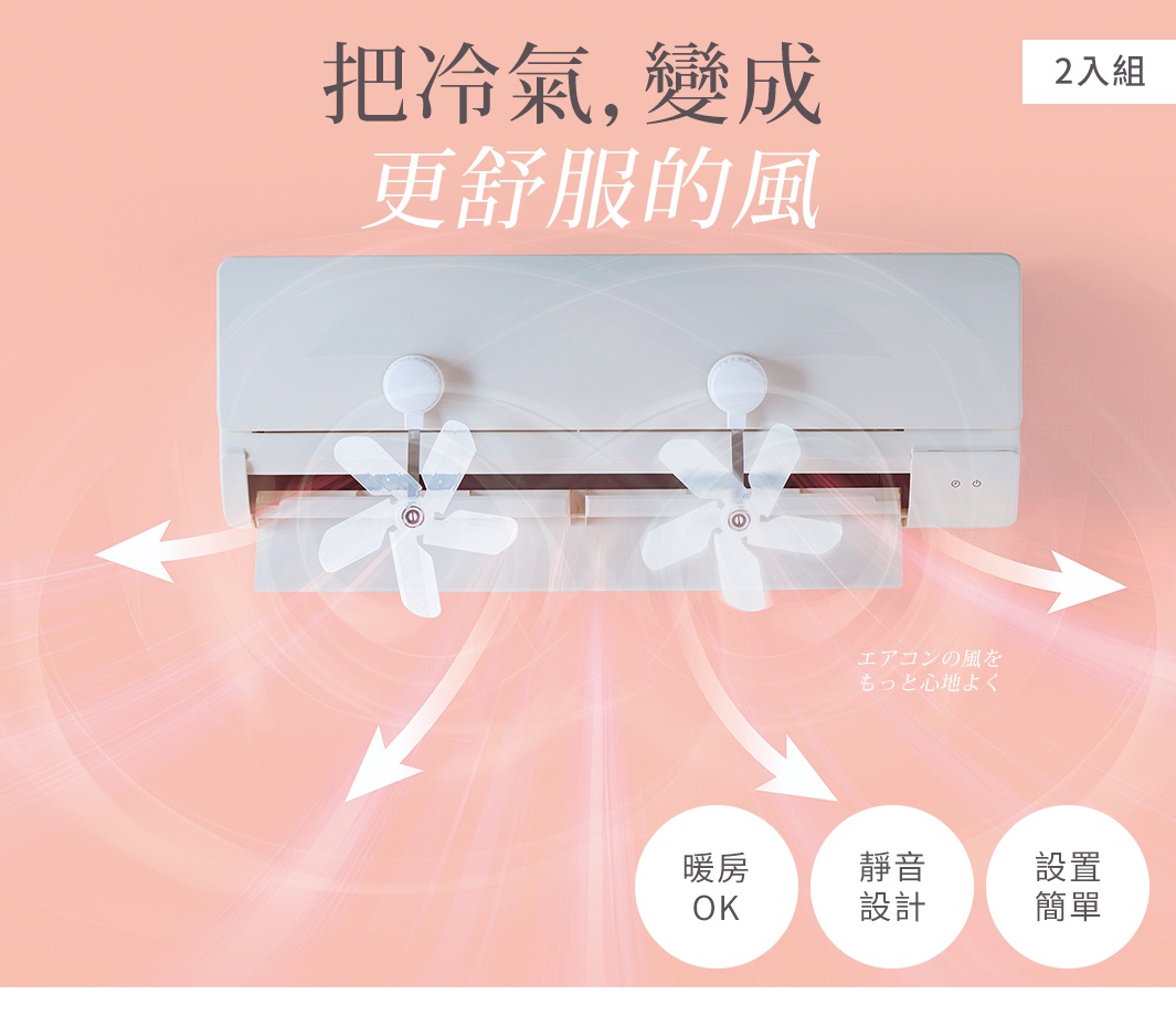 此為一組兩個的冷氣導風循環扇宣傳海報，背景為粉色，圖中展示兩台風扇安裝於室內冷氣機出風口處，透過風力旋轉以擴散氣流，下方圓形圖標標示暖房適用、靜音設計與安裝簡單的特性，整體畫面傳達將冷氣轉化為更舒適風流的產品功能。