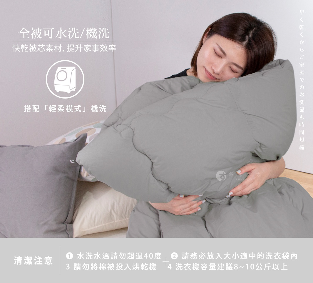 圖片文字：全被可水洗/機洗 快乾被芯素材,提升家事效率 搭配「輕柔模式」機洗 清潔注意 ① 水洗水溫請勿超過40度 ② 請務必放入大小適中的洗衣袋內 3 請勿將棉被投入烘乾機 4 洗衣機容量建議8~10公斤以上