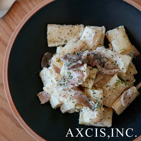 PURE 素燒百搭陶瓷義大利麵盤，黑色盤中盛滿奶油蘑菇義大利麵，撒上香草碎和黑胡椒。