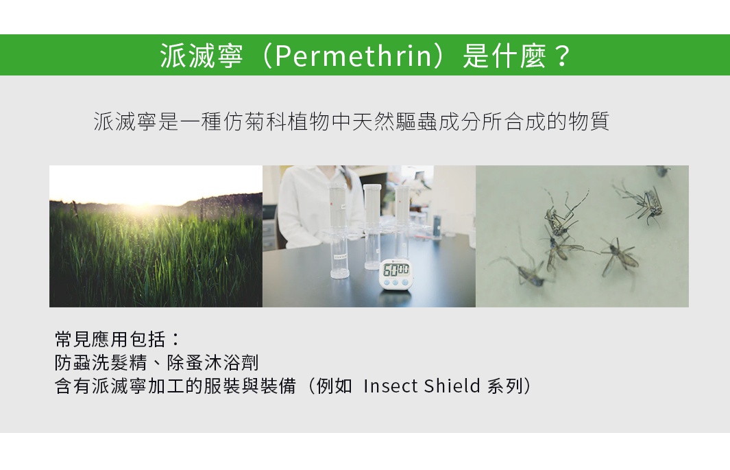派滅寧（Permethrin）是什麼？
派滅寧是一種仿菊科植物中天然驅蟲成分所合成的物質。

常見應用包括：
防蝨洗髮精、除蚤沐浴劑

含有派滅寧加工的服裝與裝備（例如  Insect Shield 系列）

