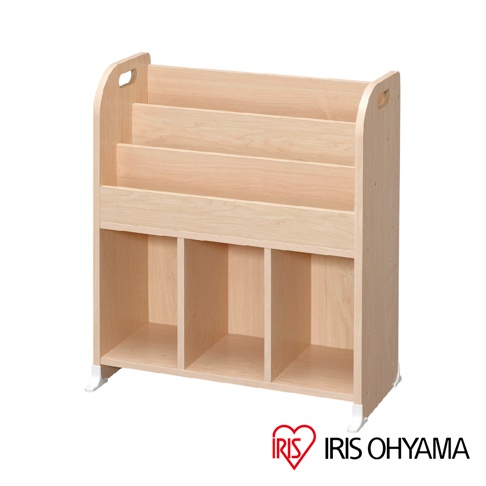 淺木色童心繪本架 ER-6030，採用木質材質，設有三層傾斜書架，下方有四個獨立收納格，兩側有圓弧形提把。