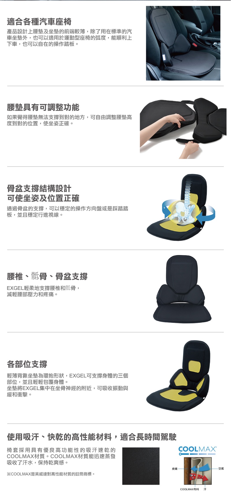 黑色HUG DRIVE SLIM CUSHION汽車用輕薄背靠坐墊，由透氣網布和EXGEL材質製成，提供腰部、臀部和骨盆支撐，可拆卸腰墊。