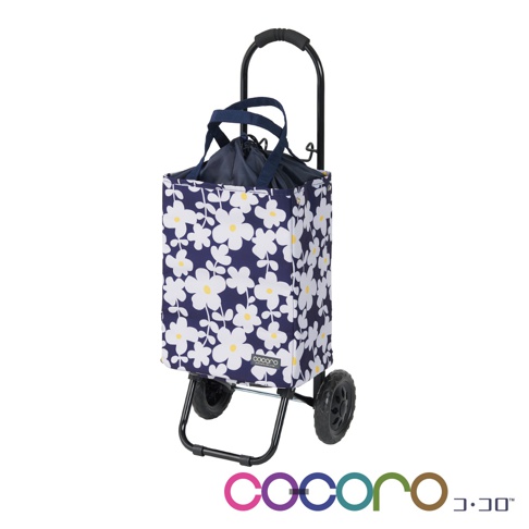 深藍色提袋購物車，印有白色小花和黃色花蕊圖案，配有黑色金屬車架、黑色提把和兩個黑色輪子。