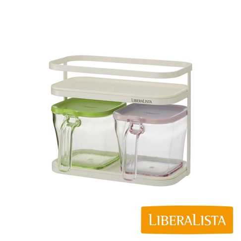 LIBERALISTA 品牌調味料罐收納架，包含綠色蓋子和粉色蓋子的透明調味料罐各一個。