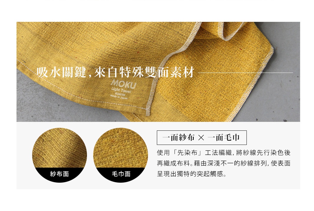 黃色MOKU超速乾輕薄吸水浴巾，一面為紗布材質，一面為毛巾材質，織紋細緻。