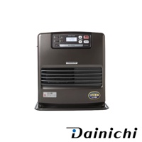 鉑金棕色電子式煤油暖氣機，具備數位顯示螢幕、操作按鈕與散熱格柵，機身印有 Dainichi 品牌標誌及日製三年保證貼紙。