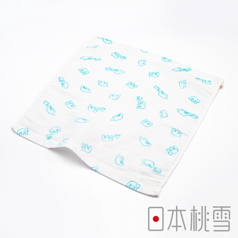 白色紗布方巾，印有藍色小熊圖案，材質柔軟，適合嬰幼兒使用。