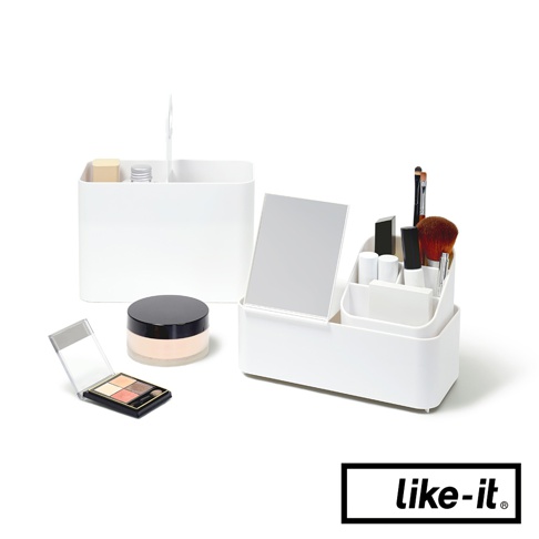 白色手提式雙層化妝品收納箱，附有鏡子，可收納化妝刷、口紅、粉底等美妝品。