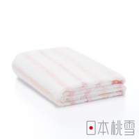 今治小花浴巾，白色毛圈材質，織有粉色、橘色細條紋。