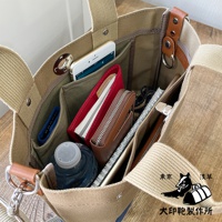 開放式帆布托特包，內有手機、紅色筆記本、咖啡色皮夾、筆記本和水瓶，包包外部有品牌標誌，材質為純棉帆布。